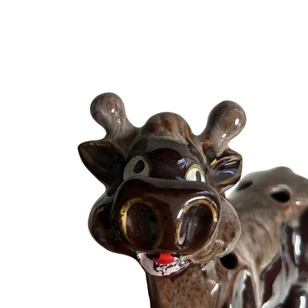 Vintage Ceramic Cow Plant Frog Planter Brown Bovine Animal Figure
